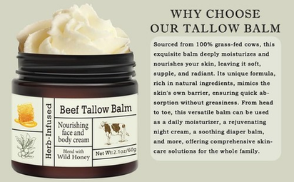 Beef Tallow for Skin - Organic Grass-Fed Whipped Beef Tallow and Honey Balm